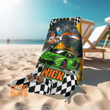 Towels Personalized Face & Name Summer Race Car Boy Beach Towel