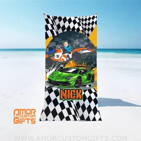 Towels Personalized Face & Name Summer Race Car Boy Beach Towel