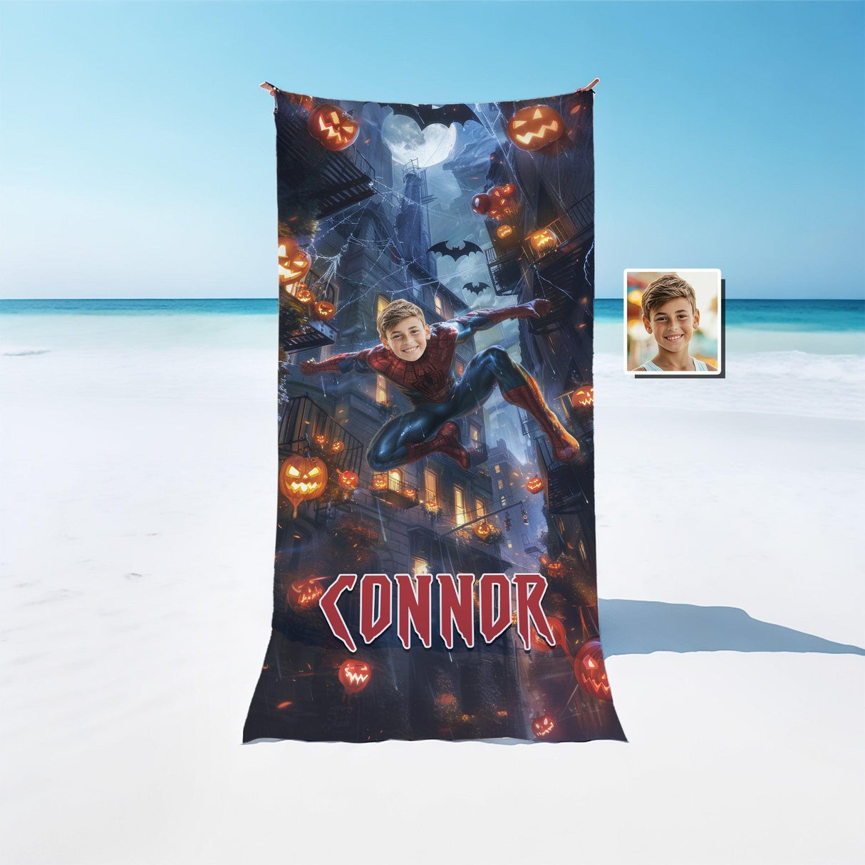 Personalized Face & Name Summer Spider Boy City Escape Boy Beach Towel - Amor Custom Gifts