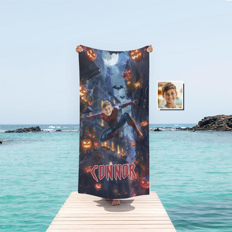 Personalized Face & Name Summer Spider Boy City Escape Boy Beach Towel - Amor Custom Gifts