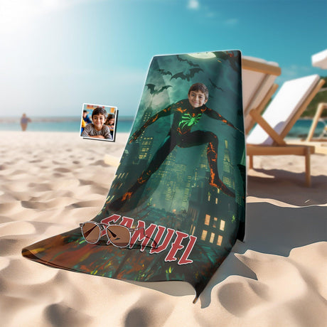 Personalized Face & Name Summer Spider Boy Halloween City Beach Towel - Amor Custom Gifts