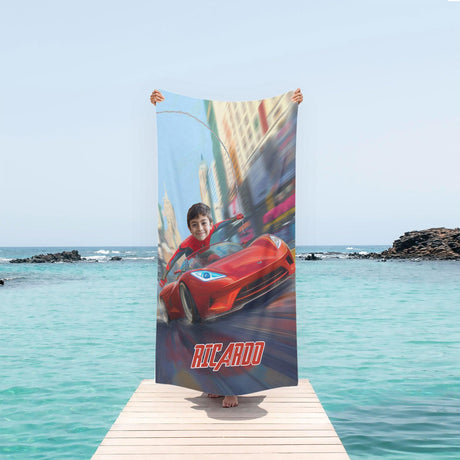 Towels Personalized Face & Name Summer Spider Boy McQueen Car Racing Through City Boy Beach Towel