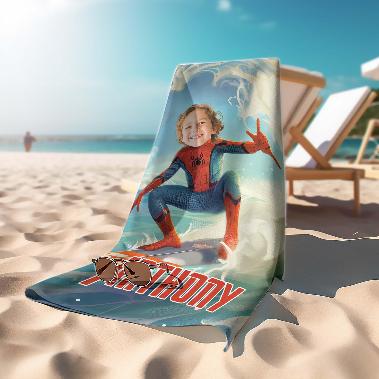 Personalized Face & Name Summer Spider Boy Summer Surfing Tropical Beach Superhero Boy Beach Towel - Amor Custom Gifts