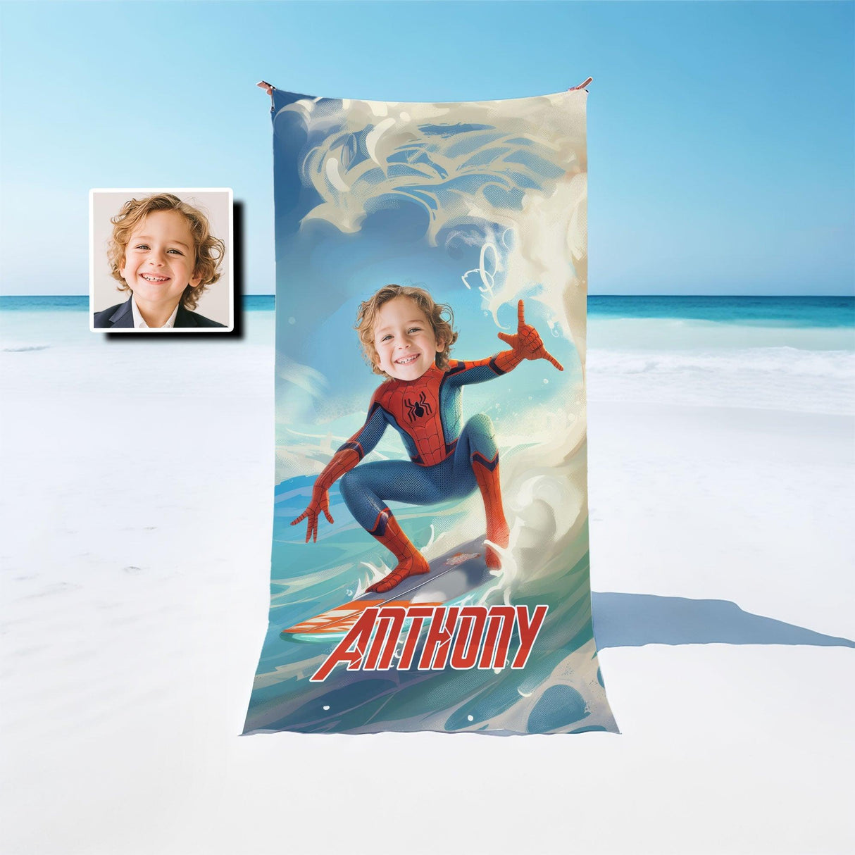 Personalized Face & Name Summer Spider Boy Summer Surfing Tropical Beach Superhero Boy Beach Towel - Amor Custom Gifts