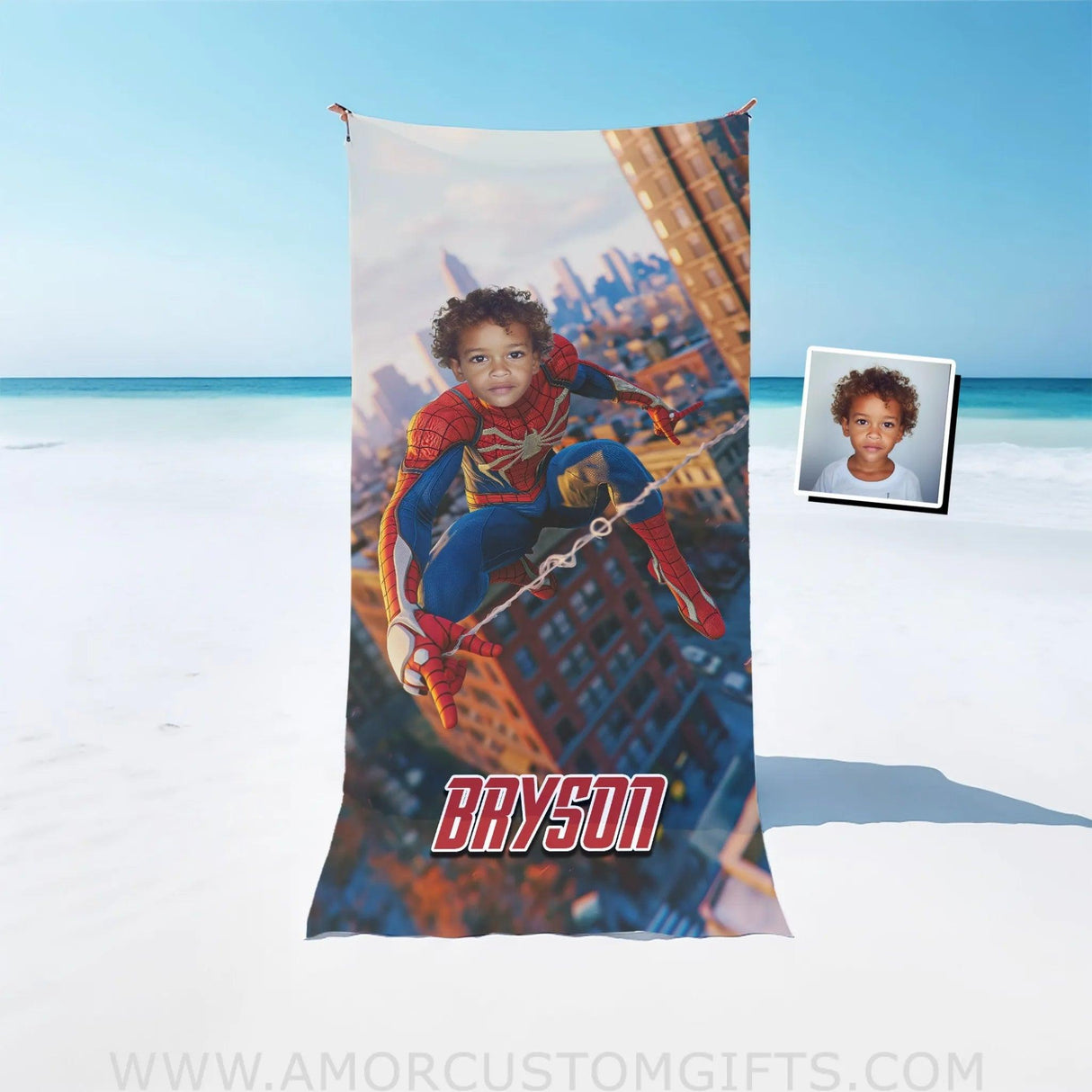 Personalized Face & Name Summer Spider Boy Swinging Superhero Beach Towel Towels