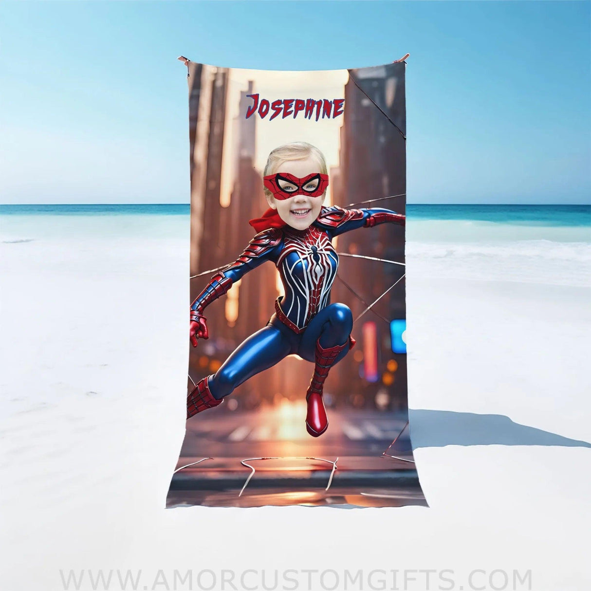 Towels Personalized Face & Name Summer Spider Girl 4 NewYork Building Beach Towel