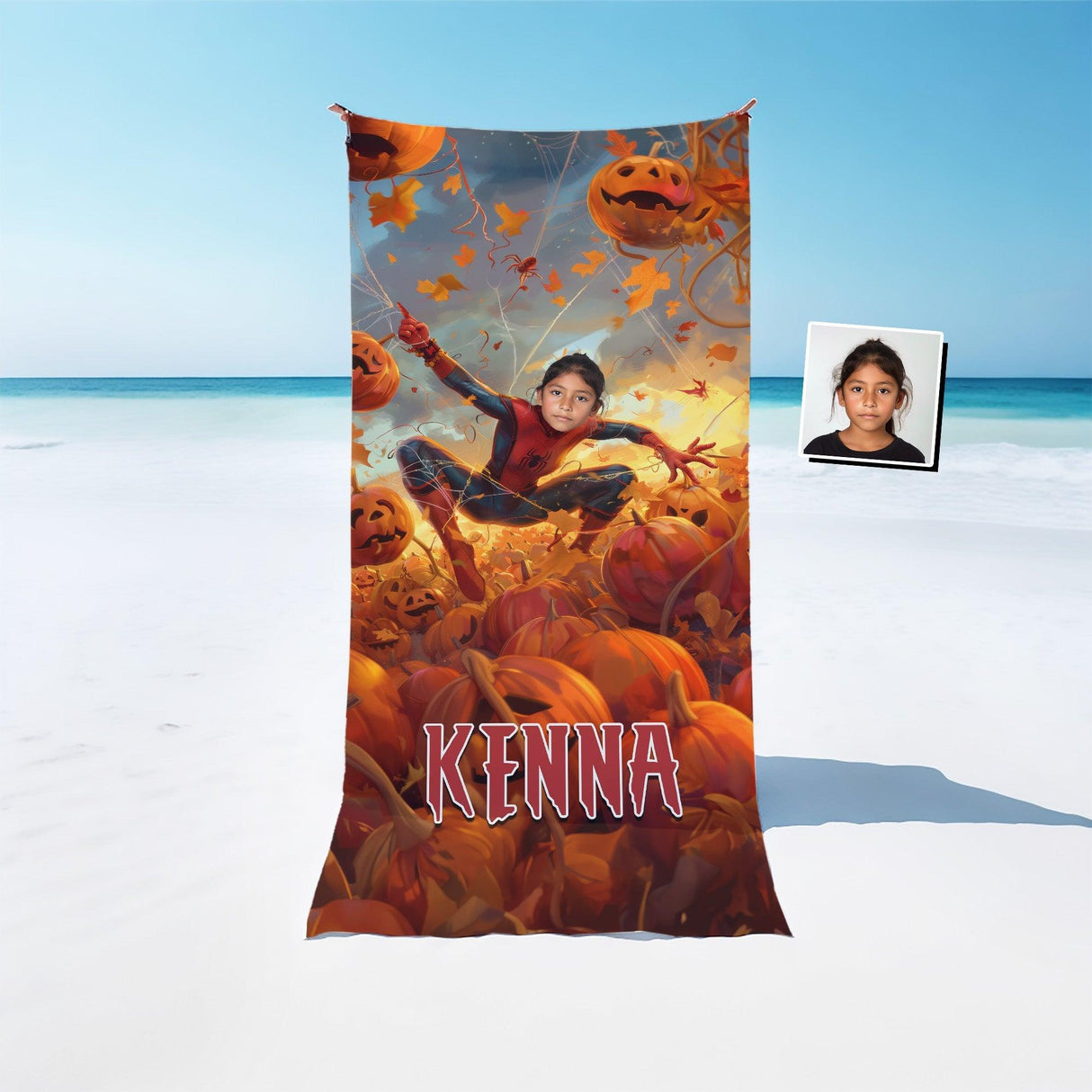 Personalized Face & Name Summer Spider Girl Halloween Pumpkin Beach Towel - Amor Custom Gifts