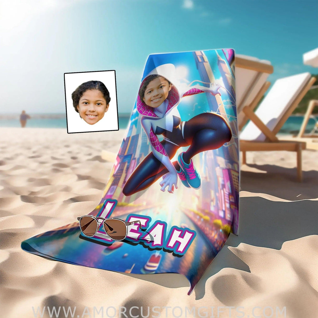 Towels Personalized Face & Name Summer Superhero Ghost Spider Girl Gwen In Bright City Photo Beach Towel