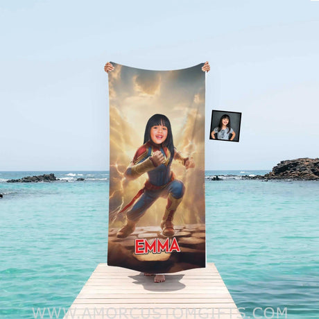 Towels Personalized Face & Name Summer Superhero Girl Captain Beach Towel