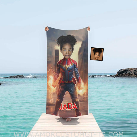 Towels Personalized Face & Name Summer Superhero Girl Captain Photo Beach Towel