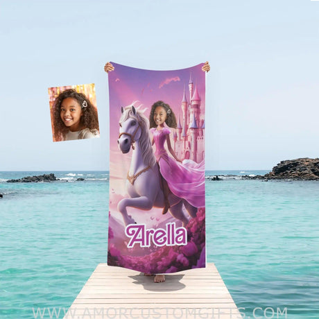 Towels Personalized Face & Name Summer Unicorn Girl Brown Barbie Inspired Princess In Pink Beach Towel