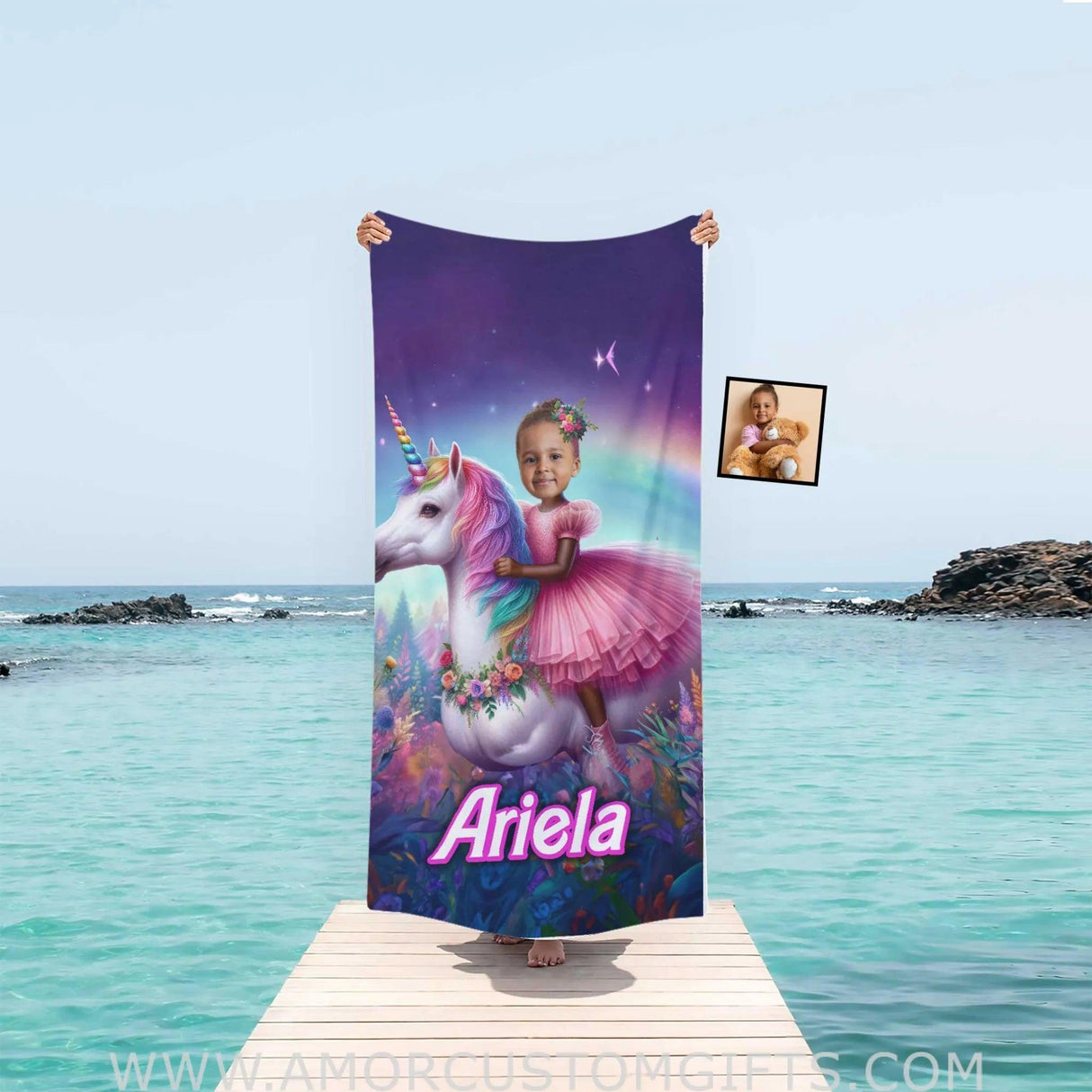 Towels Personalized Face & Name Summer Unicorn Girl Brown Barbie Princess In Pink Beach Towel