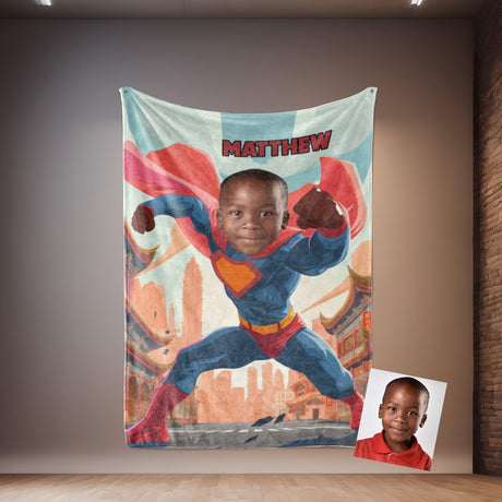 Personalized Face & Name Super Boy Japanese Boy City Blanket-Blankets-Amor Custom Gifts