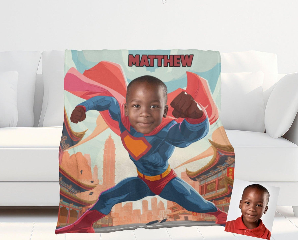 Personalized Face & Name Super Boy Japanese Boy City Blanket-Blankets-Amor Custom Gifts