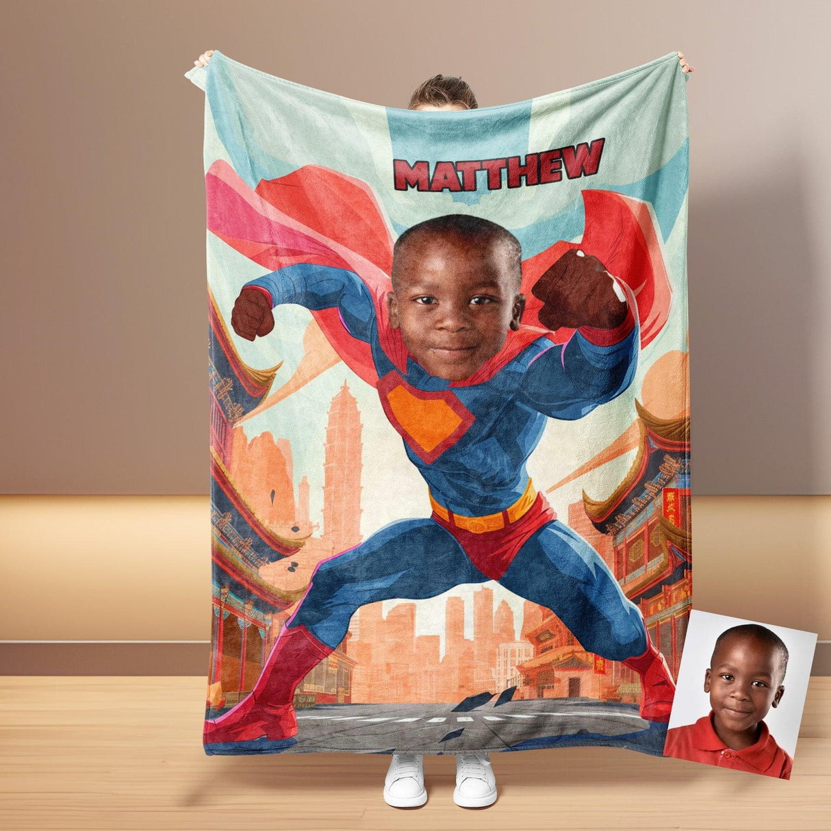 Personalized Face & Name Super Boy Japanese Boy City Blanket-Blankets-Amor Custom Gifts