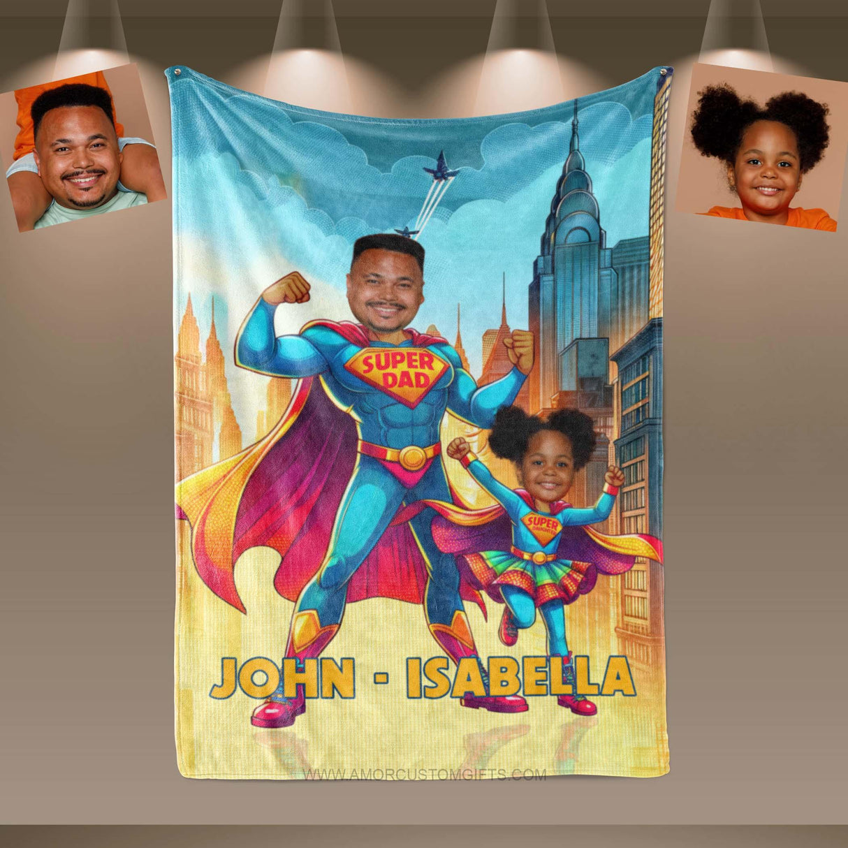 Personalized Face & Name Super Dad Super Daughter Son Photo Blanket-Blankets-Amor Custom Gifts