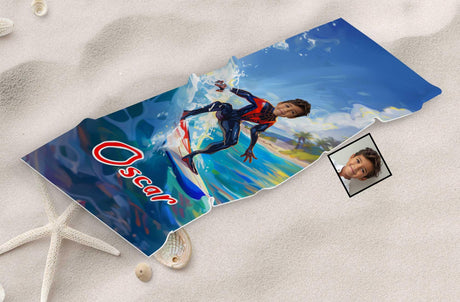 Personalized Face & Name Superhero Black Spider Boy Spidey Summer Surfing Boy Beach Towel - Amor Custom Gifts