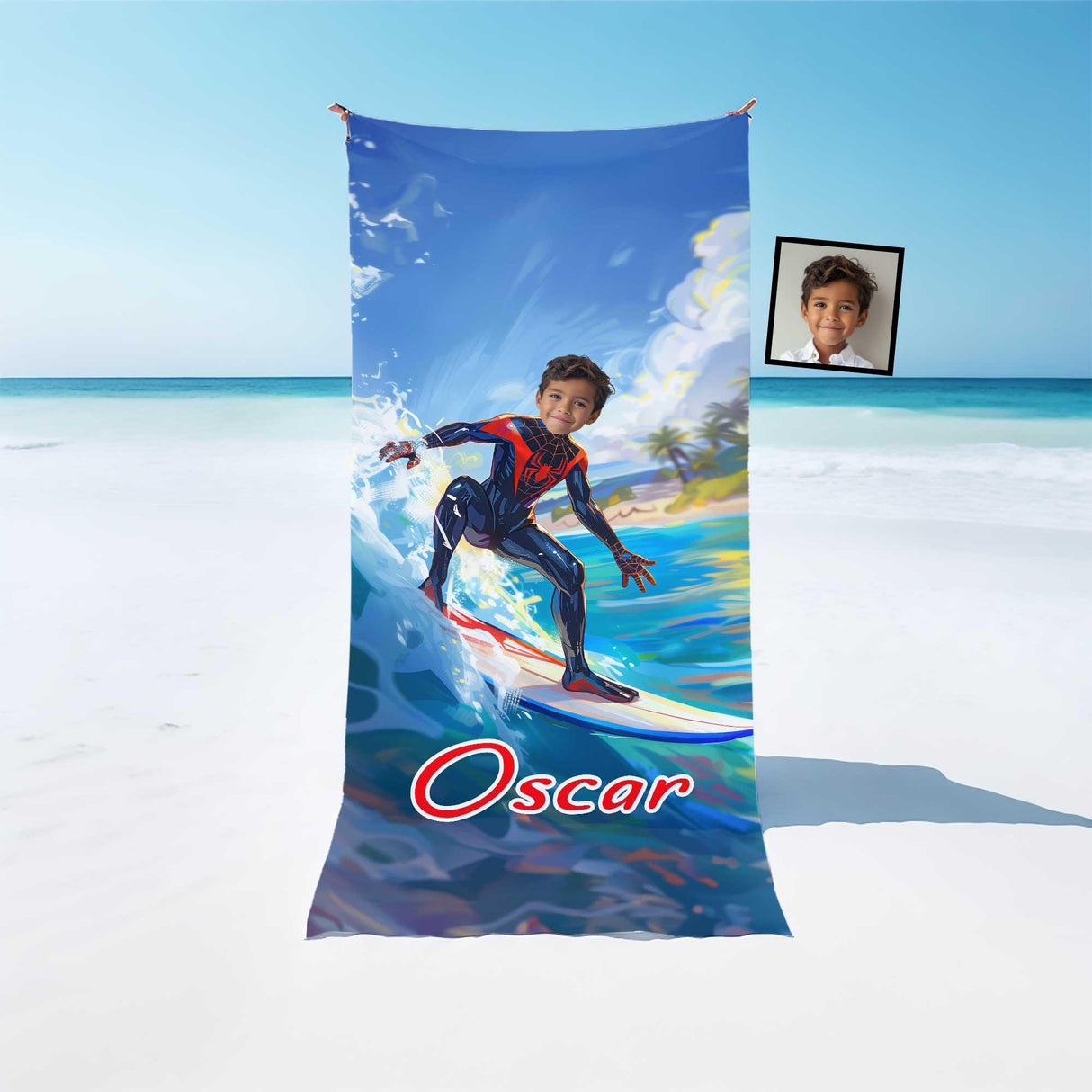 Personalized Face & Name Superhero Black Spider Boy Spidey Summer Surfing Boy Beach Towel - Amor Custom Gifts