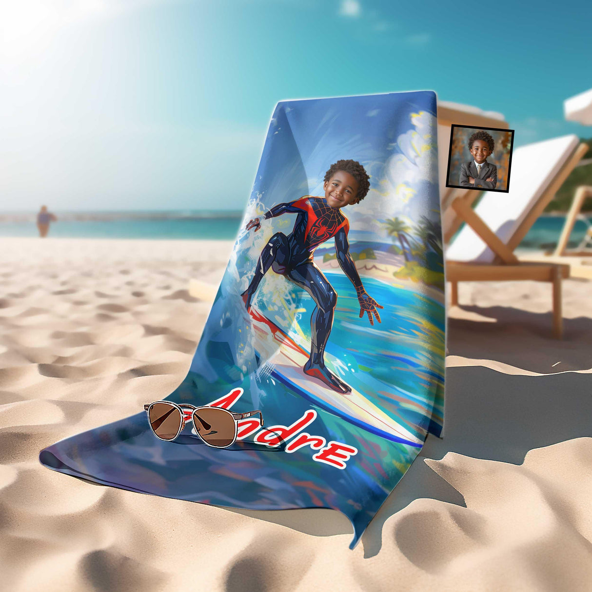 Personalized Face & Name Superhero Black Spider Boy Spidey Summer Surfing Boy Beach Towel - Amor Custom Gifts