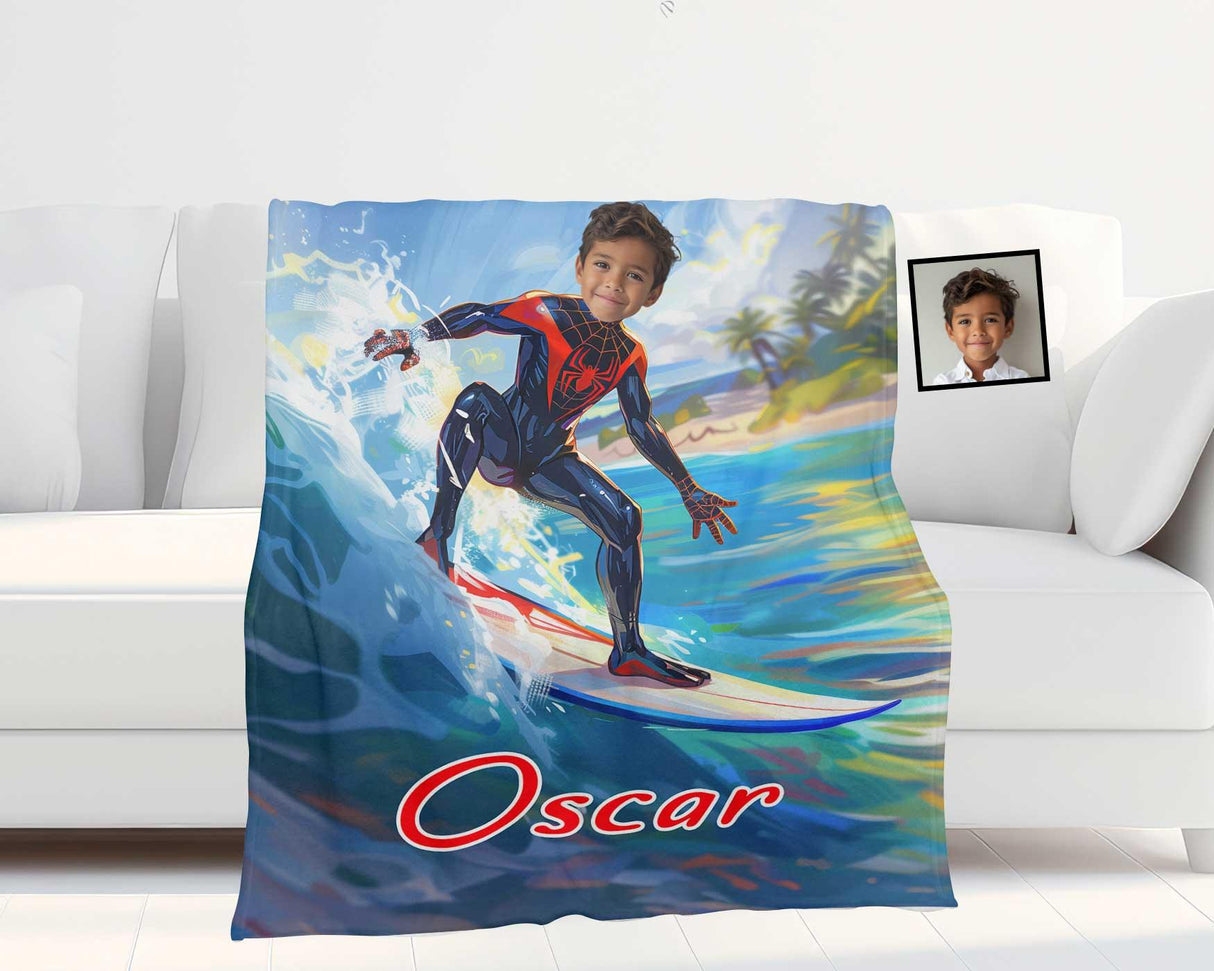 Personalized Face & Name Superhero Black Spider Boy Spidey Summer Surfing Boy Blanket-Blankets-Amor Custom Gifts