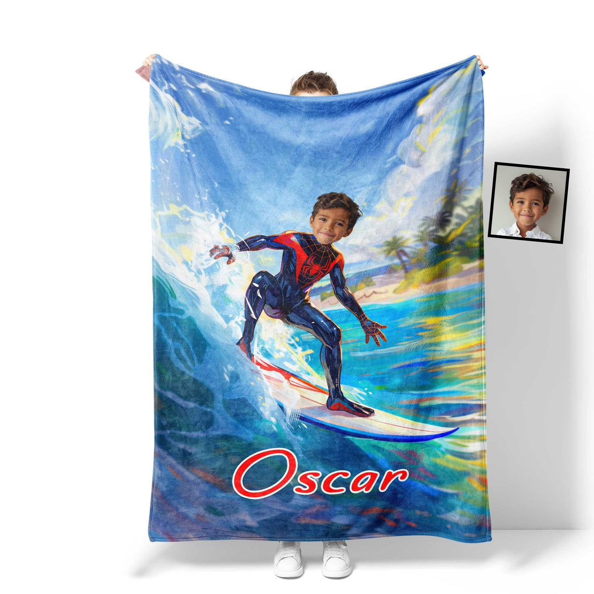 Personalized Face & Name Superhero Black Spider Boy Spidey Summer Surfing Boy Blanket-Blankets-Amor Custom Gifts