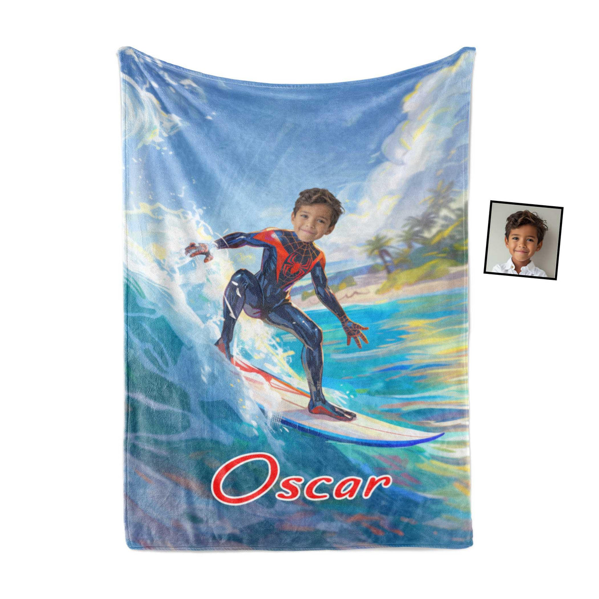 Personalized Face & Name Superhero Black Spider Boy Spidey Summer Surfing Boy Blanket-Blankets-Amor Custom Gifts