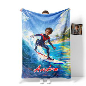 Personalized Face & Name Superhero Black Spider Boy Spidey Summer Surfing Boy Blanket-Blankets-Amor Custom Gifts