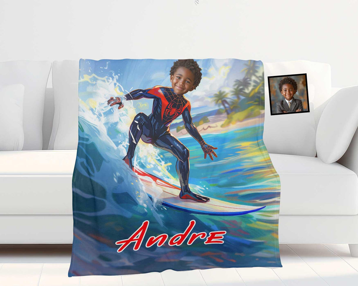 Personalized Face & Name Superhero Black Spider Boy Spidey Summer Surfing Boy Blanket-Blankets-Amor Custom Gifts