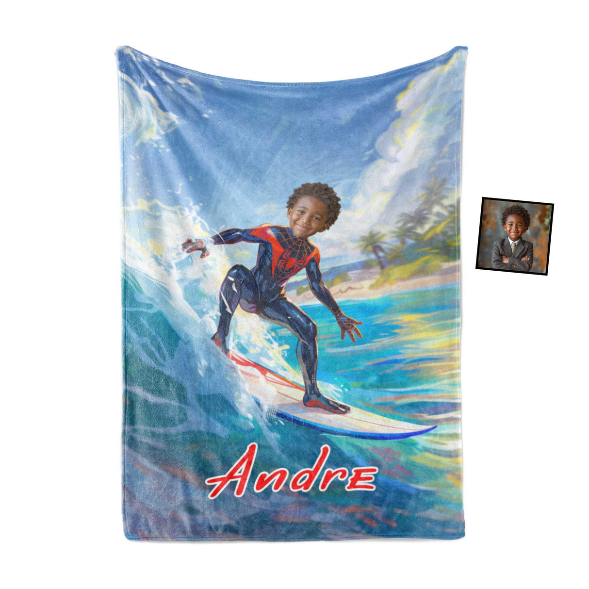 Personalized Face & Name Superhero Black Spider Boy Spidey Summer Surfing Boy Blanket-Blankets-Amor Custom Gifts