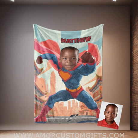 Personalized Face & Name Superhero Super Boy 5 Japanese City Blanket Blankets