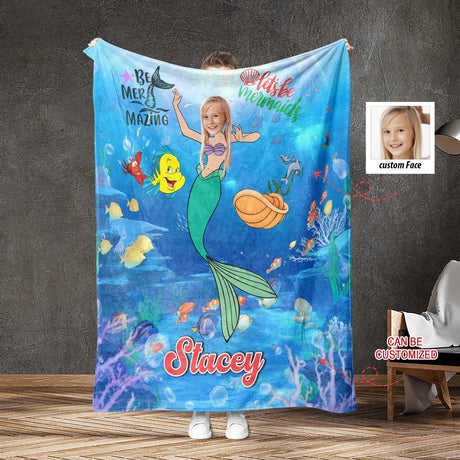 Blankets Personalized Fairy Tale Ariel Mermaid Princess Blanket | Custom Name & Face Girl Ariel Princess Blanket