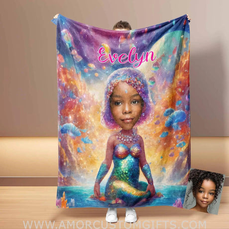 Blankets Personalized Fairy Tale Baby Black Mermaid 1 Princess Photo Blanket | Custom Name & Face Girl Princess Blanket