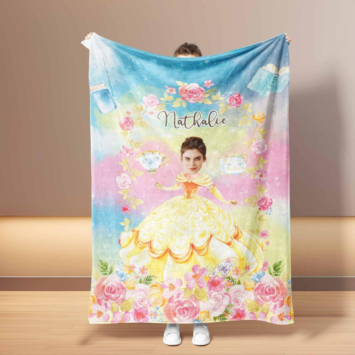 Blankets Personalized Fairy Tale Belle Princess Photo Blanket With Face | Custom Name & Face Belle Princess  Blanket