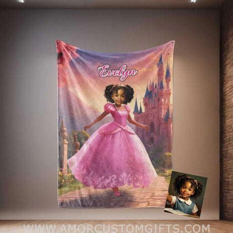 Blankets Personalized Fairy Tale Black Aurora Sleeping Beauty 3 Photo Blanket | Custom Name & Face Girl Princess Blanket