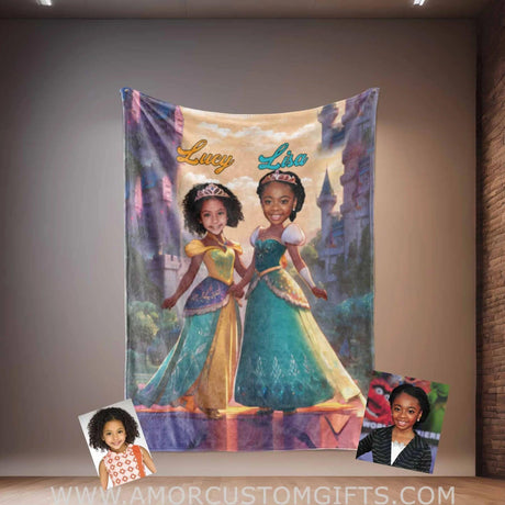 Blankets Personalized Fairy Tale Black Elsa Frozen Sister Princess Blanket | Custom Name & Face Girl Princess Blanket