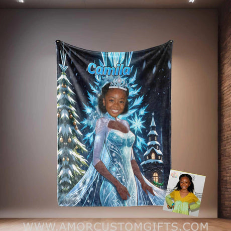 Blankets Personalized Fairy Tale Elsa Princess 15 Black African American Blanket | Custom Name & Face Girl Princess Blanket