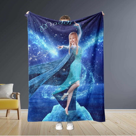 Blankets Personalized Fairy Tale Frozen Elsa Princess Blanket | Custom Name & Face Girl Frozen Princess Blanket