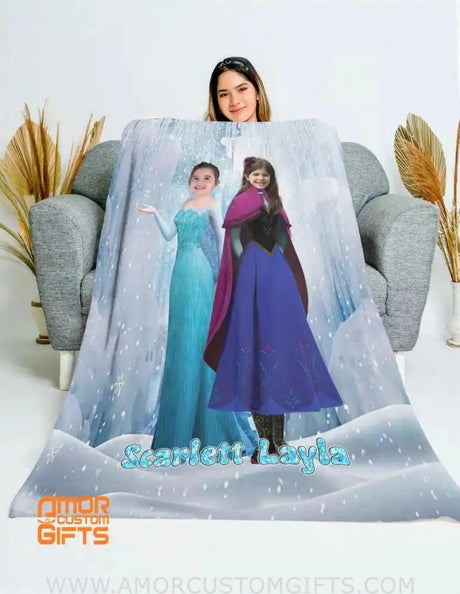 Blankets Personalized Fairy Tale Frozen Sisters Princess Blanket | Custom Name & Face Princess Nursery Theme Blanket