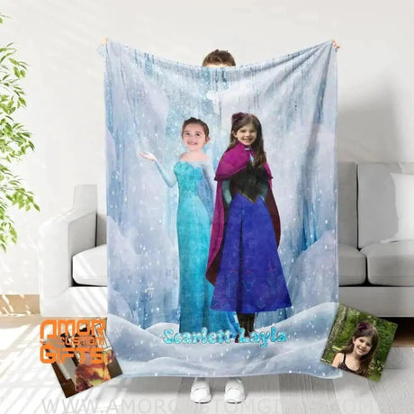 Blankets Personalized Fairy Tale Frozen Sisters Princess Blanket | Custom Name & Face Princess Nursery Theme Blanket