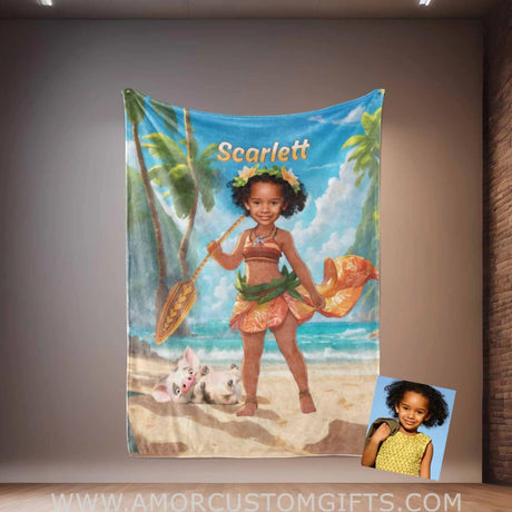 Blankets Personalized Fairy Tale Moana Princess 1 Blanket | Custom Name & Face Girl Princess Blanket