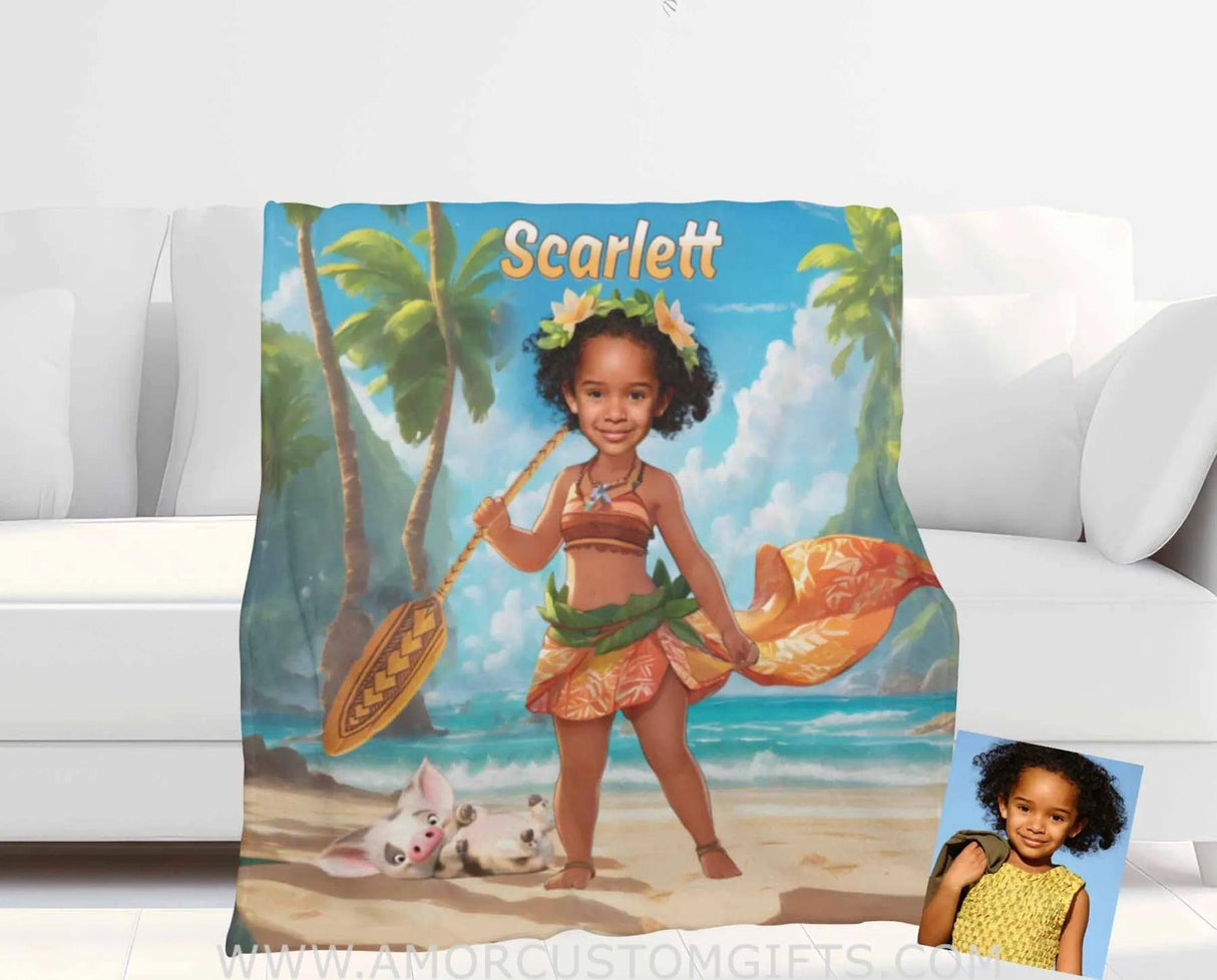 Blankets Personalized Fairy Tale Moana Princess 1 Blanket | Custom Name & Face Girl Princess Blanket