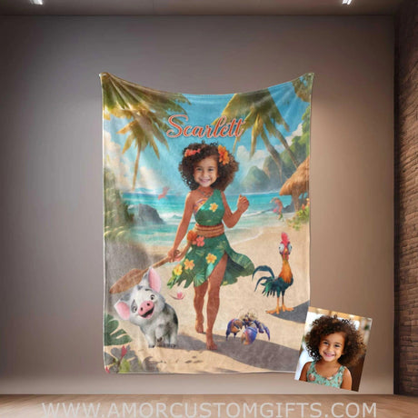 Blankets Personalized Fairy Tale Moana Princess 4 Blanket | Custom Name & Face Girl Princess Blanket