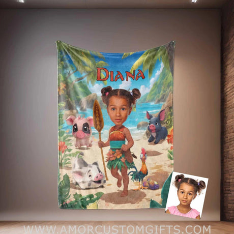 Blankets Personalized Fairy Tale Moana Princess 6 Blanket | Custom Name & Face Girl Princess Blanket