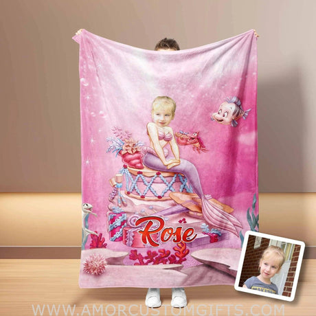 Blankets Personalized Fairy Tale Pink Ariel Mermaid 2 Princess Blanket | Custom Name & Face Girl Ariel Princess Blanket