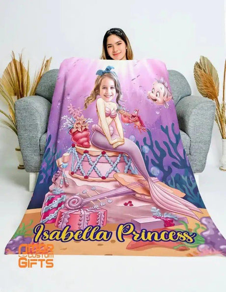 Blankets Personalized Fairy Tale Pink Ariel Mermaid Princess Blanket | Custom Name & Face Girl Ariel Princess Blanket