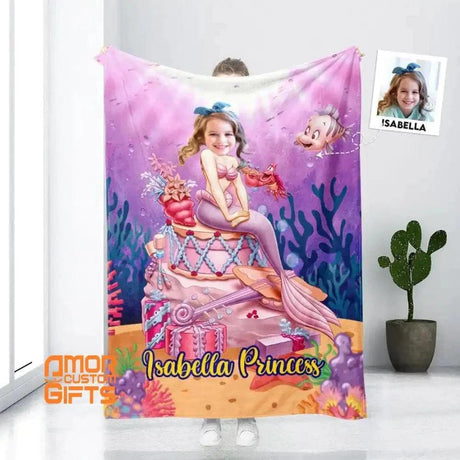 Blankets Personalized Fairy Tale Pink Ariel Mermaid Princess Blanket | Custom Name & Face Girl Ariel Princess Blanket