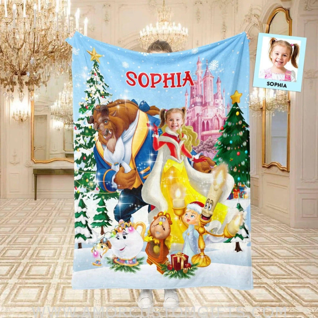 Blankets Personalized Fairy Tale Princess Belle Xmas Christmas Blanket | Custom Face & Name Christmas Girl Blanket