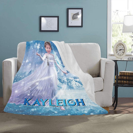 Blankets Personalized Fairy Tale Princess Elsa White Gown Blanket | Custom Face & Name Girl Princess Blanket,  Customized Blanket