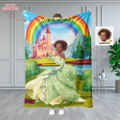 Blankets Personalized Fairy Tale Rainbow Tiana Princess Blanket | Custom Name & Face Princess & The Rainbow Blanket