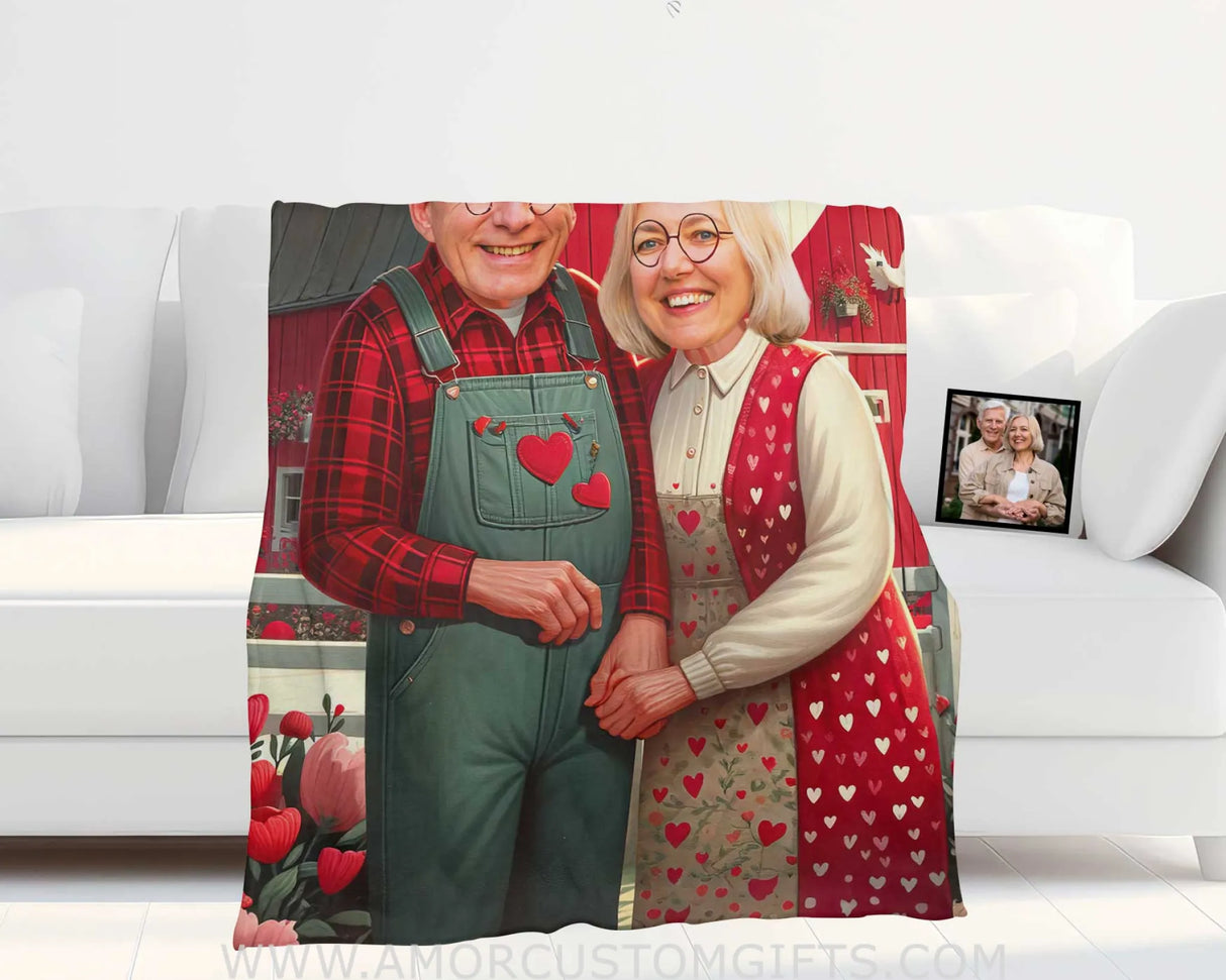 Blankets Personalized Famer Elderly Couple Blanket | Custom Face & Name Couple Blanket